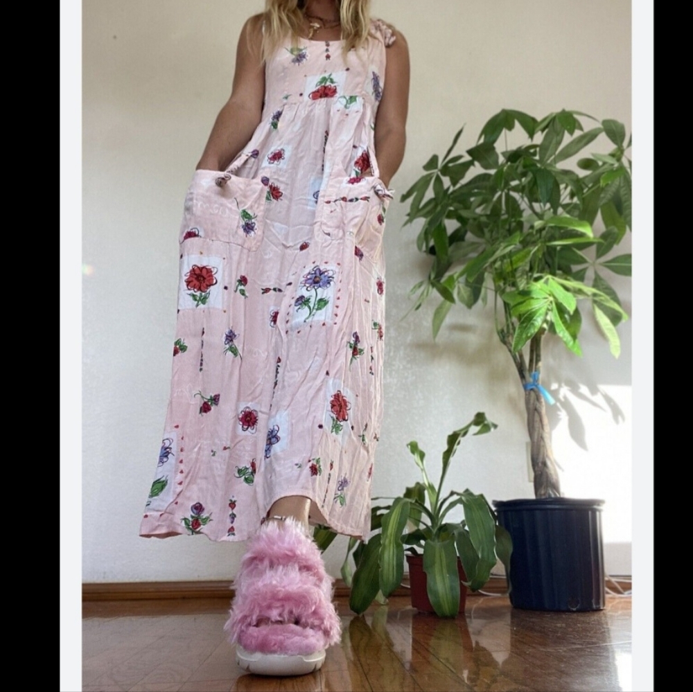 Floral Bow Tie Summer Festival Vintage Maxi Dress Sz. S pink
